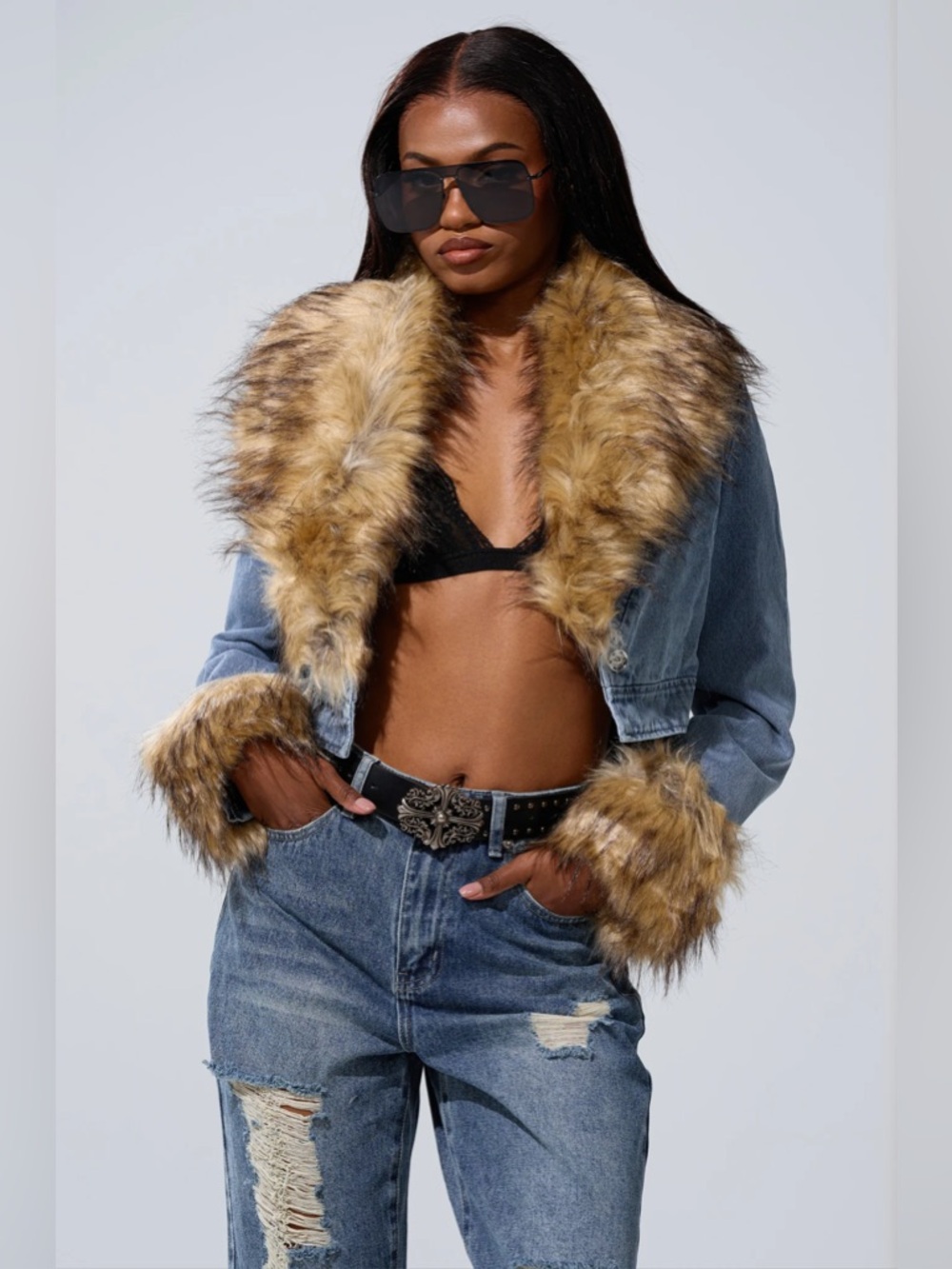 Denim Crop Fur Trim Jacket ( Removable Fur)